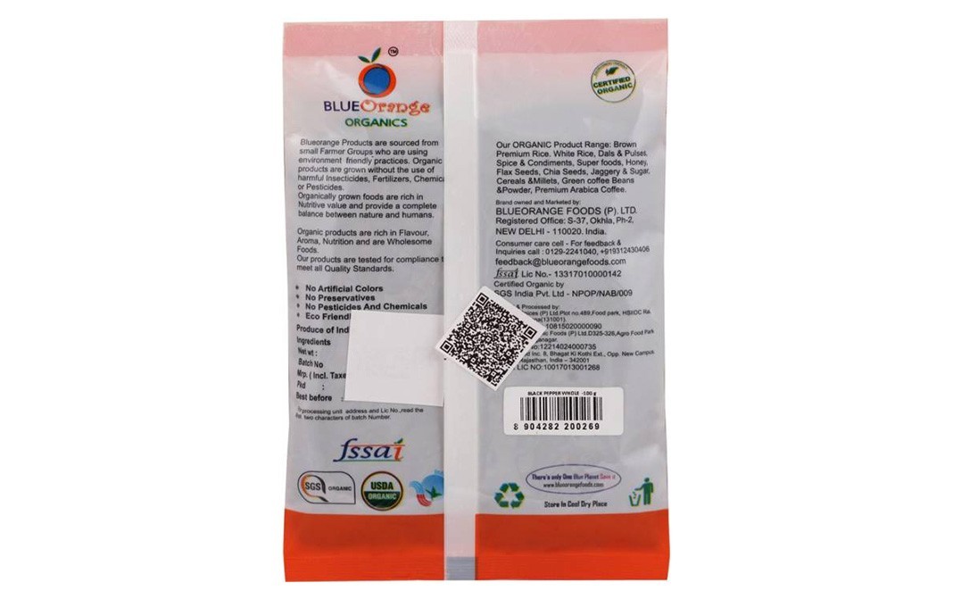 Blue Orange Organics Black Pepper (Whole)    Pack  100 grams